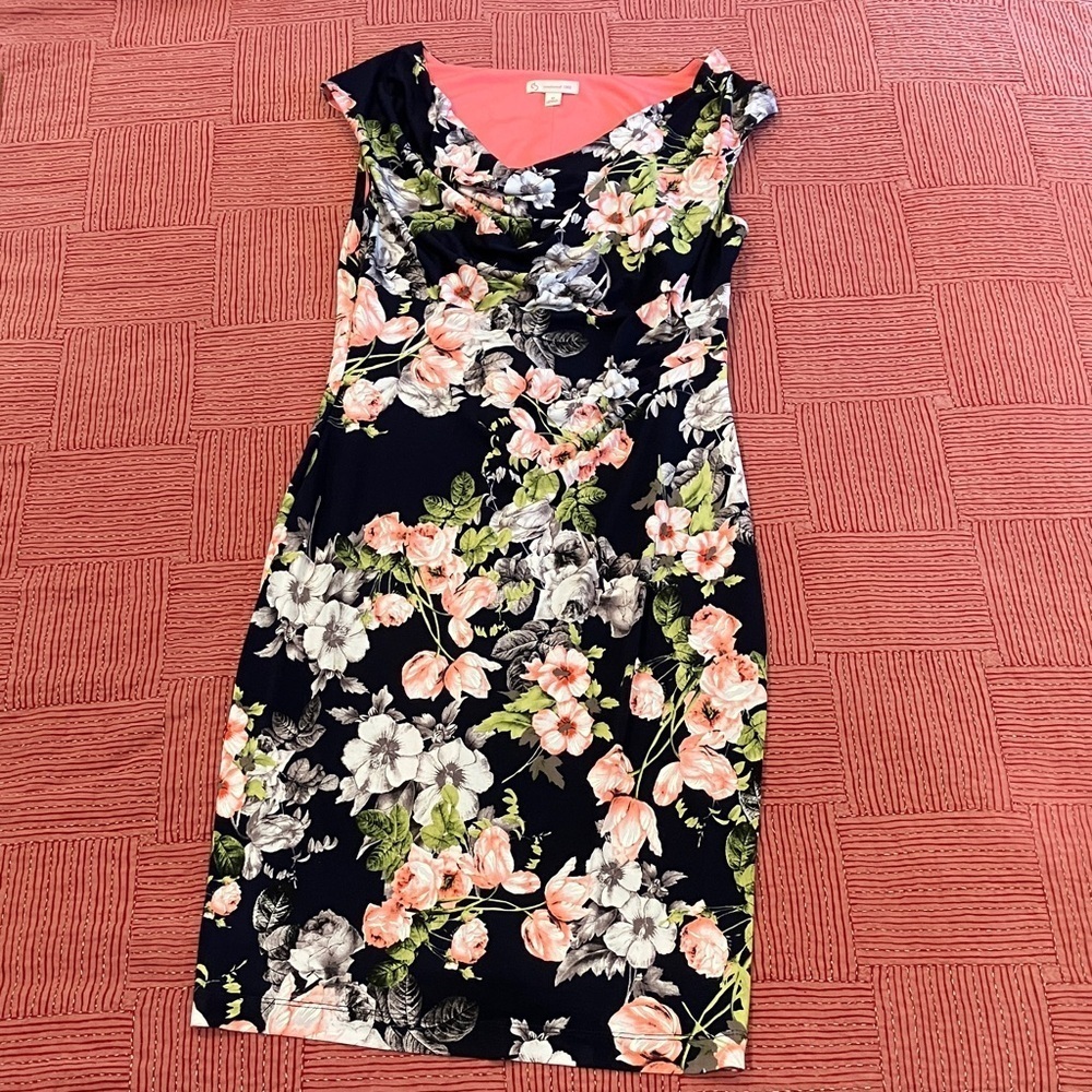 Women’s size 12 floral Midi Dress in Black and coral